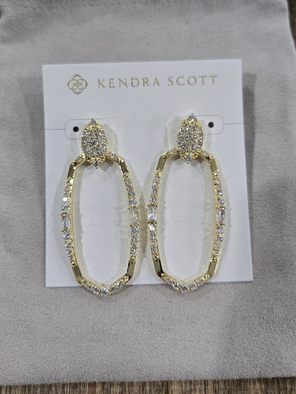 NWT Kendra Scott Essie Pave Open Frame Gold Oval Crystal Drop Earrings Sold Out